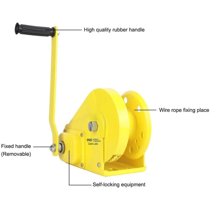 IND First Choice Manual Hand Winch, 1200 lbs Capacity, Self-Locking, High Quality Rubber Handle, Yellow